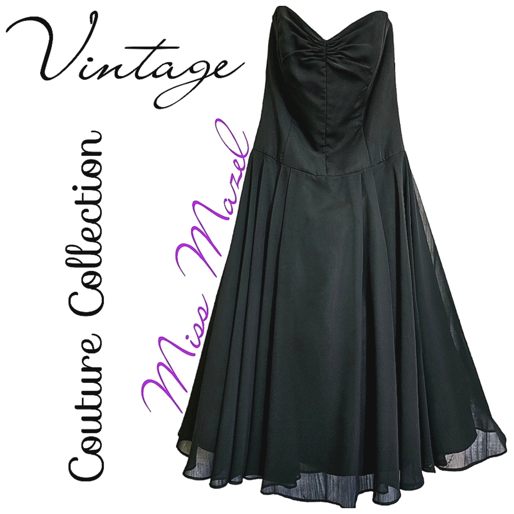 Couture Collection Vintage Black Strapless Black Chiffon Midi Dress